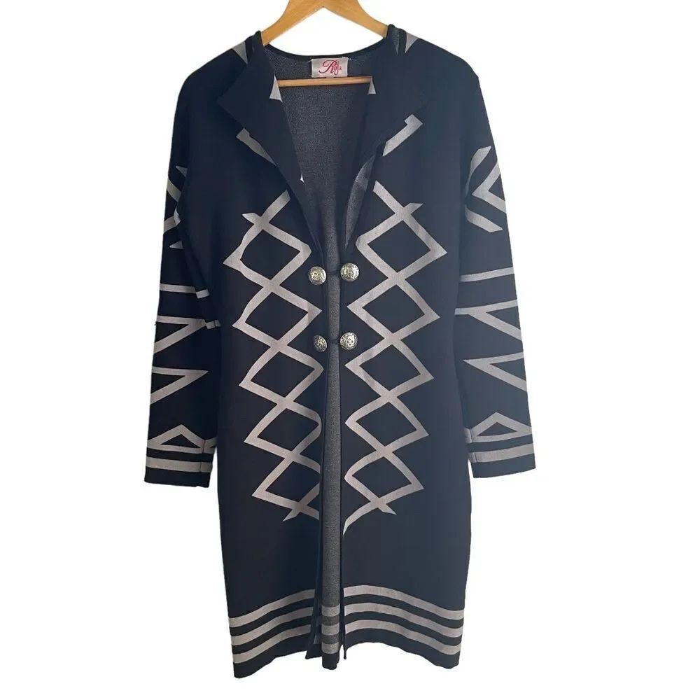Roja Black and Grey Southwestern Print Long Knit Duster